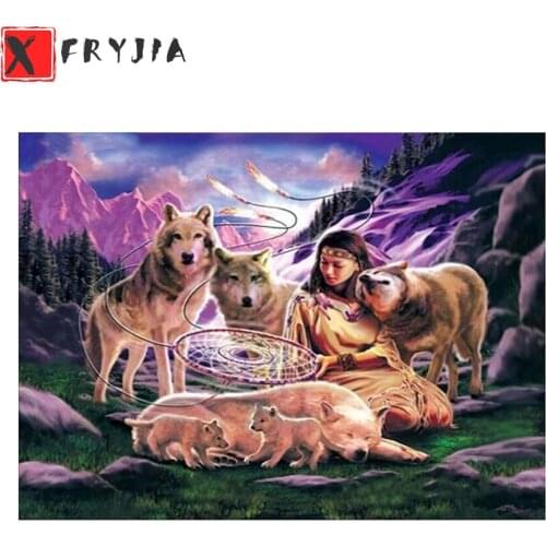 Diamond Painting Indian woman with wolf 5d Diamond Embroidery Full Display Diamond Mosaic Cross Stitch Rhinestone Decoration