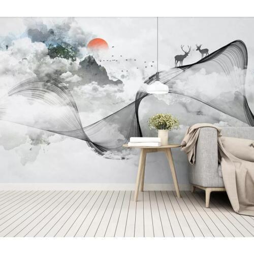 Customized large-scale 3D mural wallpaper new Chinese abstract lines marbled landscape elk TV background wall