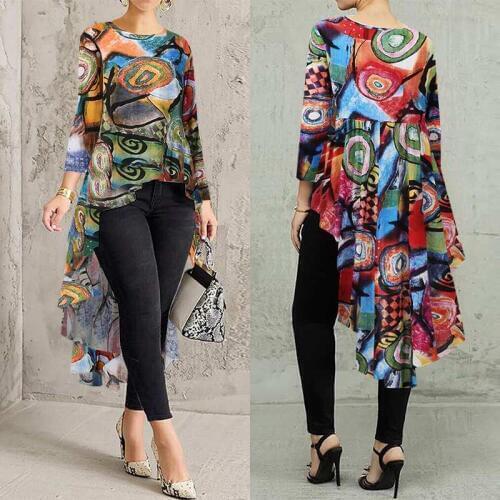 ZANZEA Summer Asymmetrical Blouse Fashion Women Floral Printed Tops Bohemian High Low Long Shirt Casual Long Sleeve Blusa Mujer7