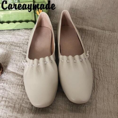 Careaymade-Korean simple square fashionable real leather on lazy shoes, womens retro literary and artistic comfort shoes