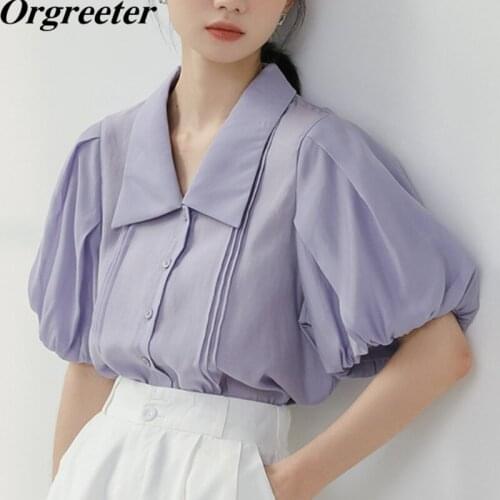 Elegant Purple Short Sleeve Shirt Women Chic Ruched Puff sleeve White Blouse Female Summer 2021 Korean All-match Blusa Tops