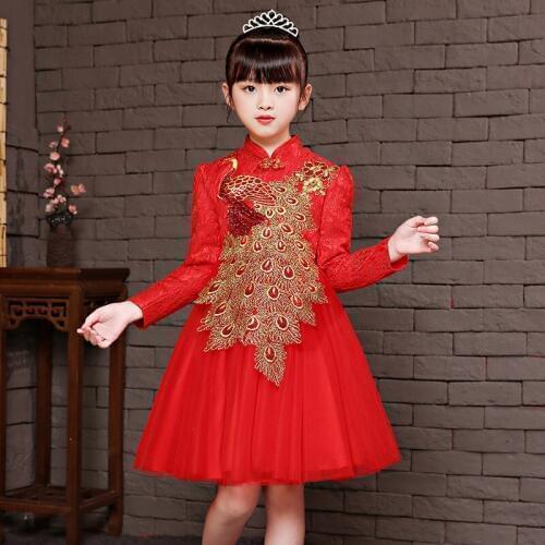 Elegant Chinese Traditional Kids Girl Phoenix Embroidery Cheongsam Princess Dress Children Red Qipao New Year Party Dresses