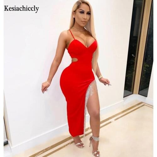 Kesiachiccly Spring Summer Sexy Tassel Diamond Party Dress Bodycon Spaghetti Strap Black Elegant Dresses Women Club Vestidos