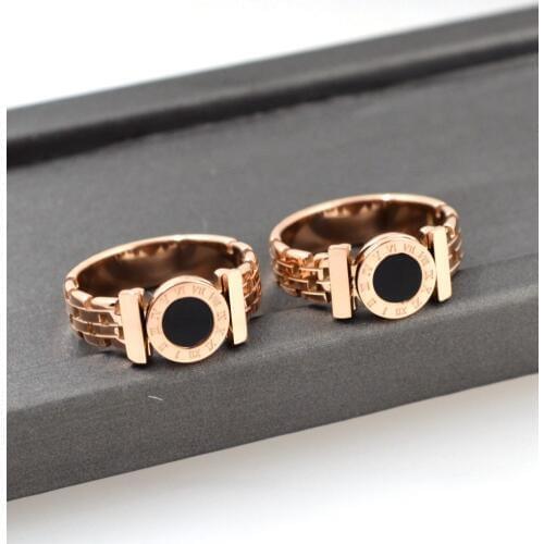 New Hot Luxury Wedding Rings For Women Black Roman Numerals Stainless Steel Rings Hollow Out Rose Gold Color Engagement Ring