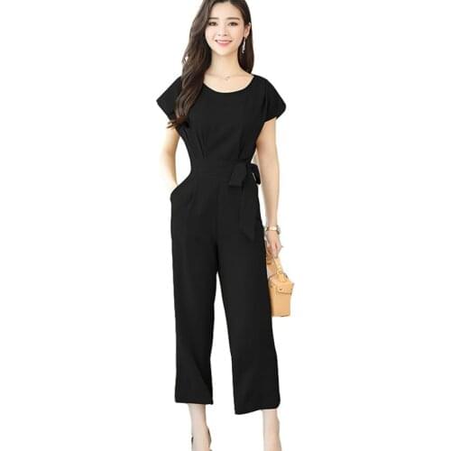 Short-Sleeve High Waist Wide Leg Pants Women Nine Points Casual Fashion Solid Chiffon Slim New Jumpsuit Suit Female Large Size