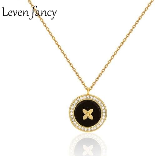 Korean Black Agate Embossed Flower Charm Pendant Chain Necklace for Women 925 Sterling Silver Fine Party Jewelry Accessories