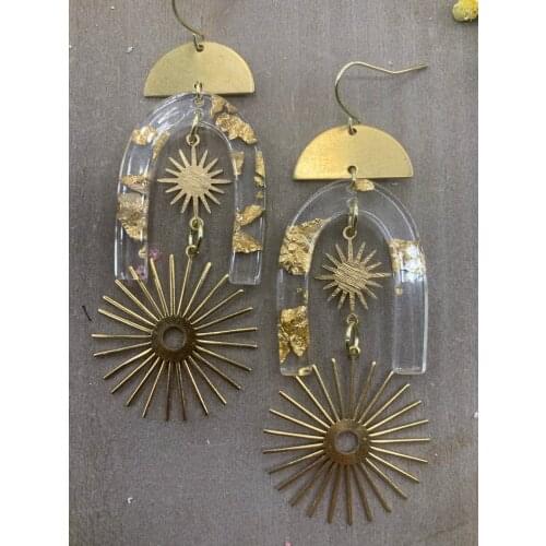 Brass Sun U Shaped Gold Flake Resin Earrings