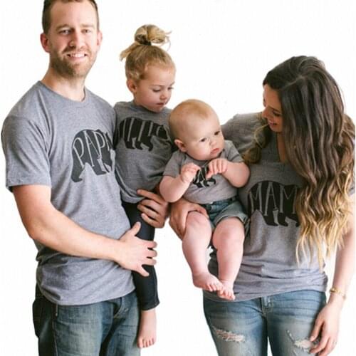 Fashion Summer Family Matching Outfits Gray Clothing Dad Mum Baby Clothes Papa Mama Babies Cotton Letter Animal Print T-shirt