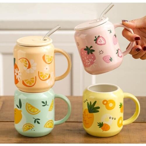 Cartoon Fruit Ceramic Mugs With Lid Kawaii Creative Coffee Tea Juice Milk Water Straw Cup Creative Breakfast Mug For Girl Gift