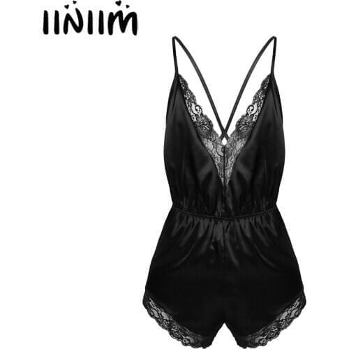 Iiniim Mens Sexy Lingerie Teddies Babydoll Bodysuit Spaghetti Strap Lace Trimmed Jumpsuit Satin V-neck Pajamas Sleepwear