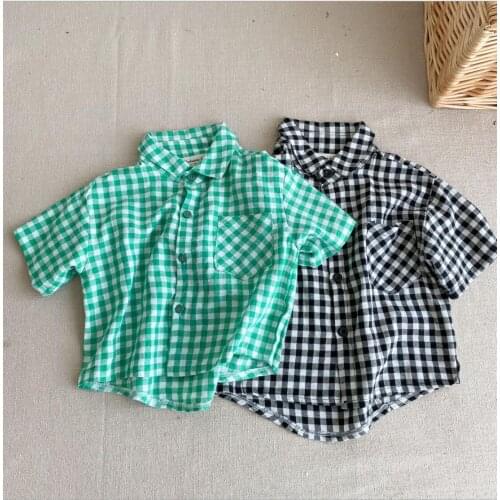 2021 new girls boys plaid shirt cotton summer short sleeve kids top