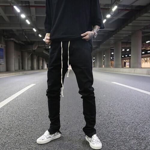 The same drawstring lengthened black all-match zipper slim stretch foot pants high street fashion brand casual mens pants