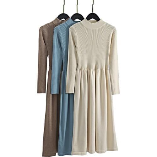 GIGOGOU Office Ladies Long Knit Women Sweater Dress Thick Warm Turtleneck Pleated A Line Dresses Fall Winter Pullover Midi Dress
