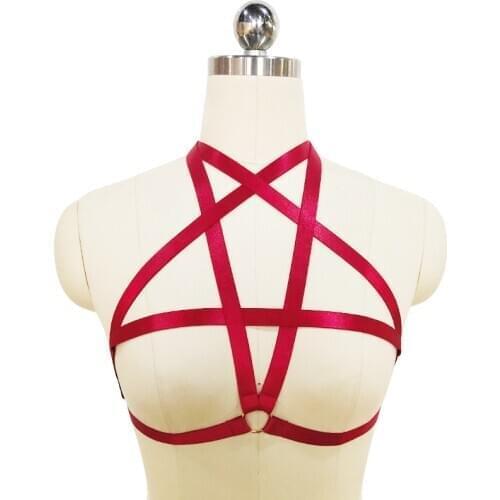 Red Pentagram Body Harness Belt Hollow Sexy Lingerie Bra Women Punk Open Chest Harness Bra Goth Rave Edgy Bondage Body Cage