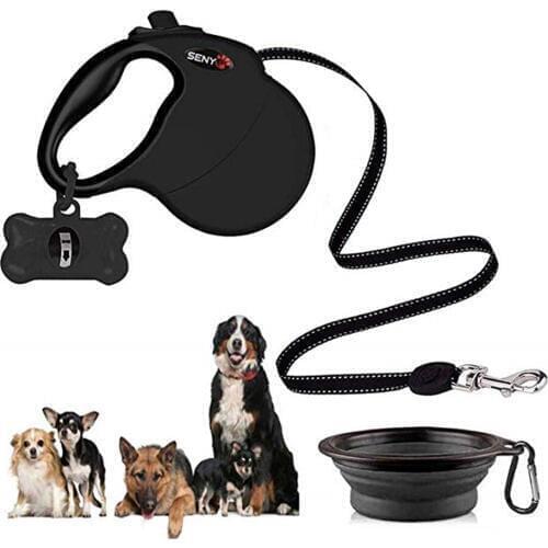 Pet Dog Leash 5M Durable Automatic Retractable Dog Leash Dog Bowl Dog Garbage Bag Set of Combinations Great for Medium&Large Dog
