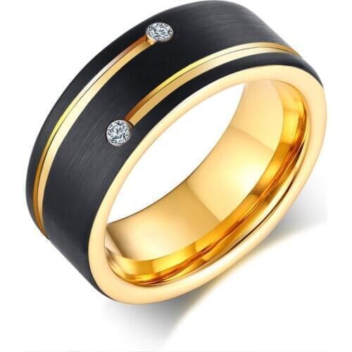 POYA Tungsten Ring Men and Women Black Gold Ring Brushed Cubic Zirconia Wedding Rings Jewelry
