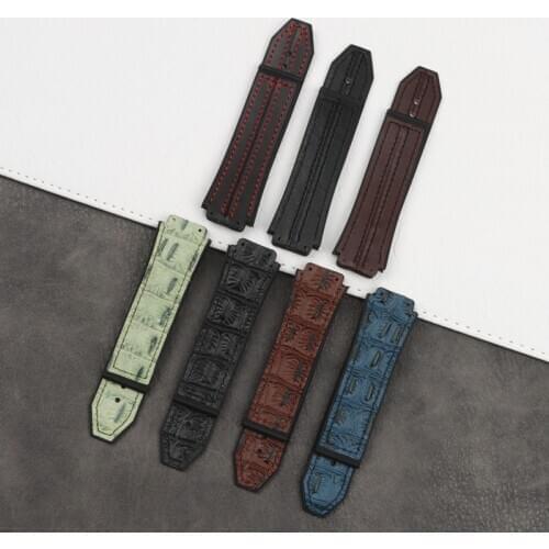 25*19mm Crocodile pattern cow leather Rubber Watchband butterfly Buckle for Hublot strap for Big Bang belt Watch band tools