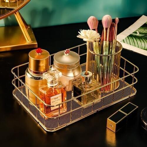 Rose Gold Iron Art Nordic Makeup Organizer Basket Eyeliner Brush Set Storage Cup Dressing Table Makeup Cosmetic Organizer Box
