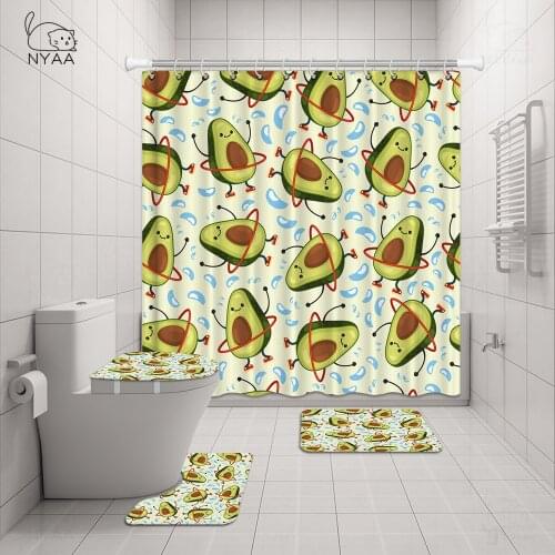 Cute Cartoon Yoga Avocado Shower Curtains Bathroom Curtain Set Novelty Funny Fitness Avocado Gym Home Decor Vegan Bathtub Mats