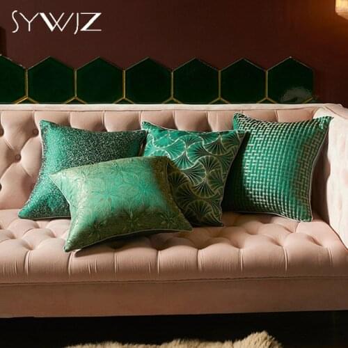 Modern Cushions Cover Green Jacquard Geometric Decorative Pillows Case Summer Home Decoration Housse De Coussin