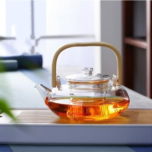 Glass Teapot Heat-Resistant Borosilicate Glass Teapot Boiling Teapot Thickened Bamboo Handle Teapot Household Tea Set