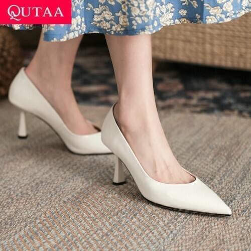 QUTAA 2021 Genuine Leather Women Dress Shoes Sexy Thin High Heels Pointed Toe Basic Concise Female Pumps Size 34-39