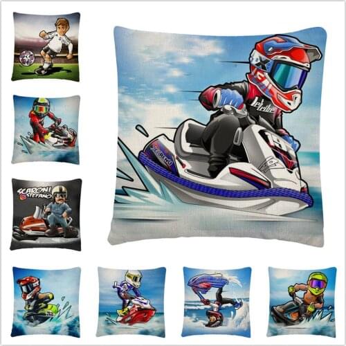 Water Sports Motorcycle Cartoon Pattern Linen Cushion Cover Pillowcase Home Sofa Car Decoration Pillowcase45X45 Cm