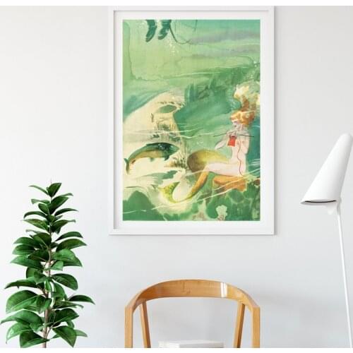 Mermaid Knitting Underwater Abstract Art Prints Vintage Poster Watercolor Painting Wall Art Canvas Picture for Living Room Decor