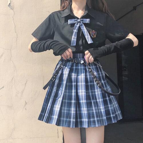 Japanese Summer Fashion Outfit Korean High Waist Harajuku School Uniforms Skirt Women A-Line Plaid Mini Skirt Three Piece Sets