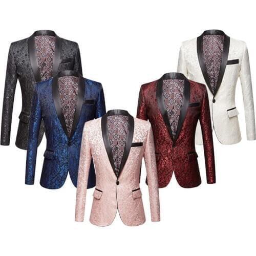 2020 Men Pink Royal Blue Burgundy Floral Jacquard Suit Jacket Wedding Groom Prom Slim Fit Tuxedo Party Dinner Singers Blazers