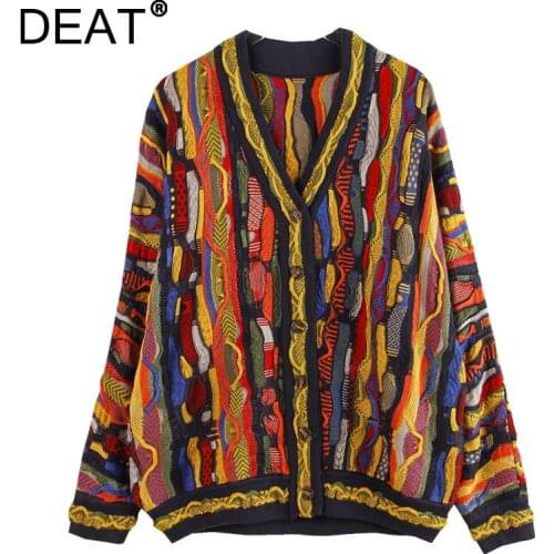 DEAT Woman Sweater Cardigan Kniited Multicolor Striped V Collar Long Sleeve Loose Casual Style 2021 New Autumn Fashion 15XM289