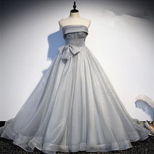 Vestido De Festa Strapless A-Line Evening Dress Robe De Soiree New Fashion Sliver Gray Evening Dresses Long Dress Formal Dress