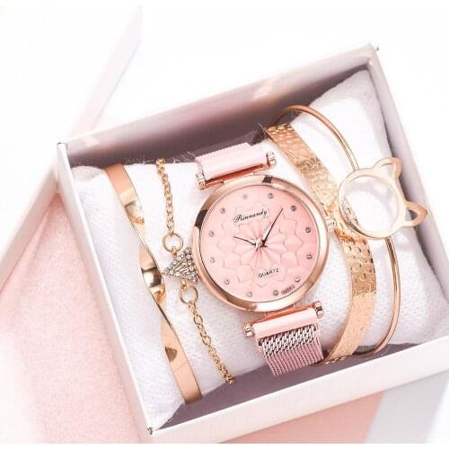 2020 Magnet Buckle Alloy Strap Fashion Ladies Watch Temperament Wild Watch Ladies 5-piece Bracelet Bracelet Set Ladies Watch