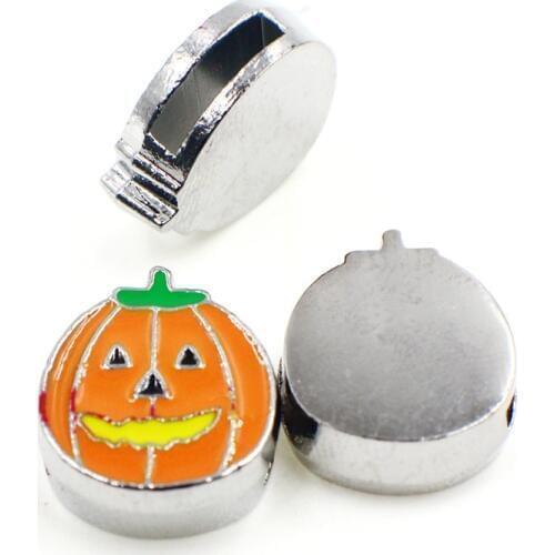 8mm Halloween Pumpkin Slide Charms Flat Hole Beads Keeper Fit 8mm Stainless Steel Mesh Bracelets DIY Jewelry Making