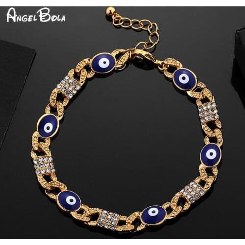 Arab Luxury Jewelry Blue Demon Eye Gold Bracelet Exquisite Gift 18K Gold Colored Muslim Islamic Charm Crystal Bracelet for Women