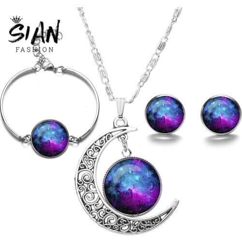 SIAN Silver Color Space Galaxy Nebula Jewelry Sets Planet Moon Necklace Stud Earrings Bracelet Valentines Wedding Set for Women