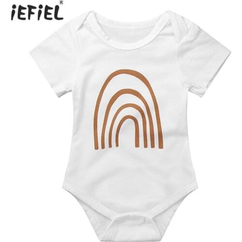 White Unisex Infant Baby Boys Girls Cotton Rainbow Print Jumpsuit Romper Short Sleeve Press Button Crotch Romper Babys Clothes
