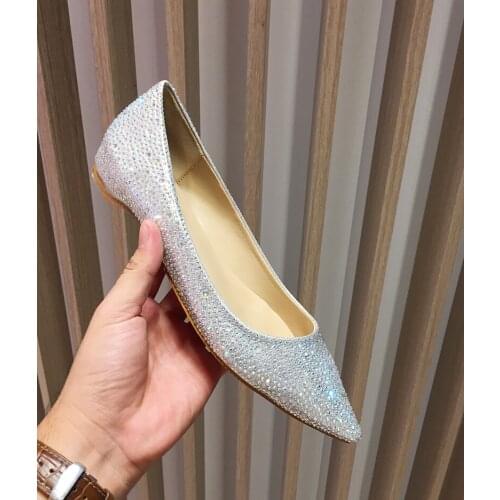 Woman sexy pumps Shiny lighter crystal shoes diamond pointed flat single female hidden heel shoes for women shoes wedding shoes