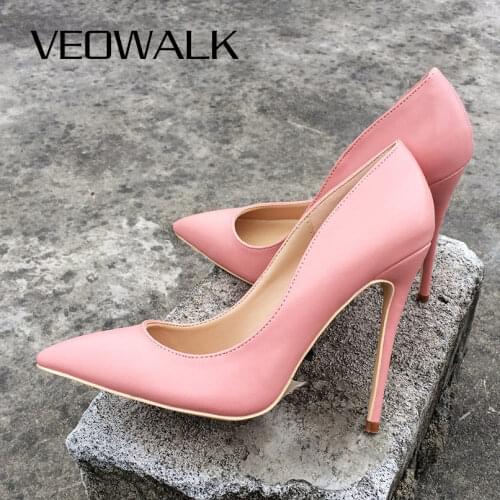 Veowalk Brand Women Cute Stilettos Pumps Elegant Ladies Wedding Bridesmaids Pointed Toe Pumps Slip on Solid Color Shoes Pink