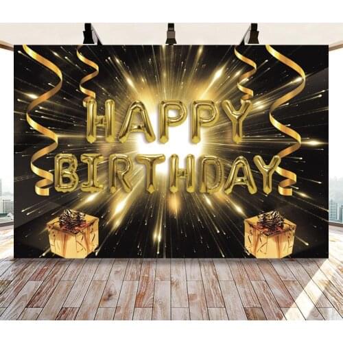 Black Golden Happy Birthday Backdrops Photography Gift Box Boom Shiny Ligts Cake Table Wall Decor Backgrounds Photocall