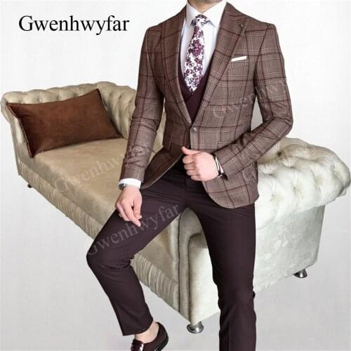 Gwenhwyfar 2020 Winter Design Coffee Plaid Blazer Suits for Male Business Men Party Prom Suits with burgundy pants vest Formal