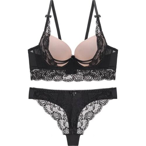 DKERT Sexy Lace Women Underwear Push Up Bra and Thong Set Adjustable Bralette Transparent G-string Bra Set