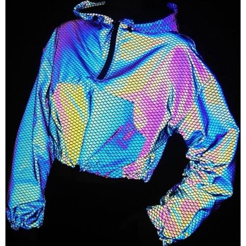 Reflective Rainbow Jacket Women Jogger Crop Top Fish Scale Drawstring Front Pocket Hooded Coat Hip Hop Dance Party Streetwear