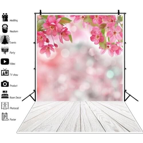 Spring Pink Flowers Cherry Blossom Wood Floor Polka Dots Photography Backdrop Baby Shower Kids Photo Background For Photo Studio