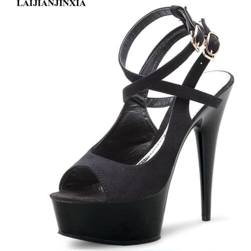 LAIJIANJINXIA New Women Sandal Ankle Strap Open Toe Women Summer 15CM High Heels Platform Sandal Woman Shoes Ladies Sandals