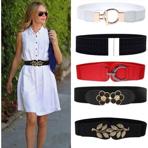 HOT Female Dress Elastic Waistband Women Fashion Gold Buckle Alloy Wide Stretch Buckle Waist Belt Waistbands Ceinture Femme Riem