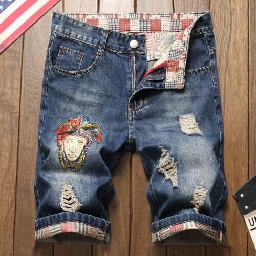2021 Men’S Washed Denim Shorts,Embroidery&Ripped Stylish Short Jeans,Blue Color