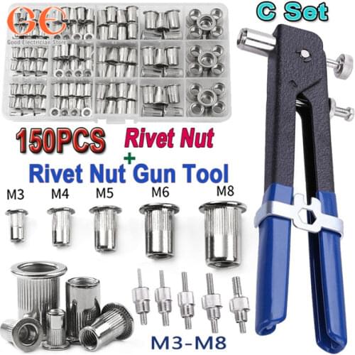 150PCS Rivet Nuts Kit M3/M4/M5/M6/M8 +1PCS Rivet Nut Gun+5PCS Nut Rivet Mandrels repairtool,rivetgun,flatheadscrew,Stainless