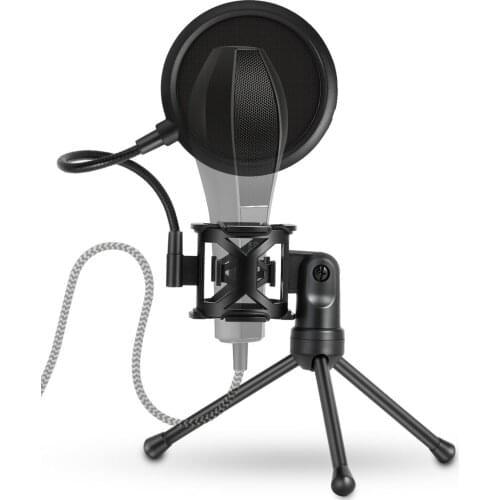 Desktop Microphone Tripod Stand Foldable Mic Stand with Shock Mount Portable Mic Holder Double-Net Pop Filter for Podcasts