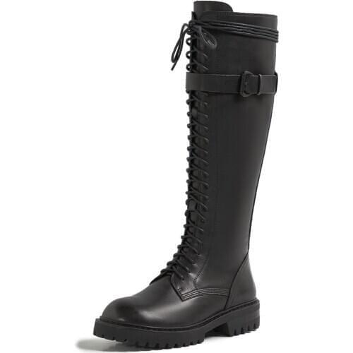 New autumn winter Genuine leather Women boots Martin boots The knee boots lace-up Female boots Women shoes Size 34-43